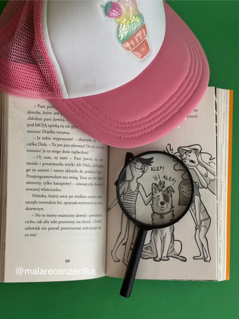 Książka Nawiedzone kolonie, lupa, czapka z daszkiem, literatura dziecięca